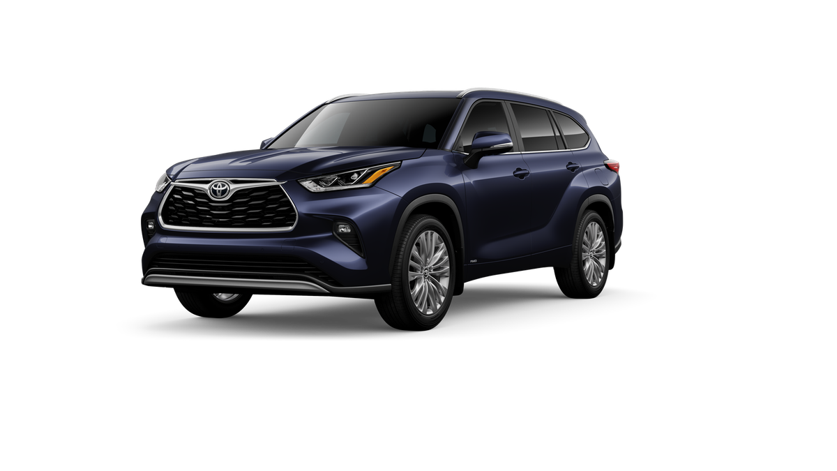 2026 Toyota Highlander Hybrid Hybrid Platinum in Blueprint — front three-quarter view