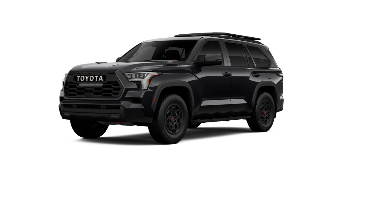 2026 Toyota Sequoia TRD Pro in Midnight Black Metallic — front three-quarter view